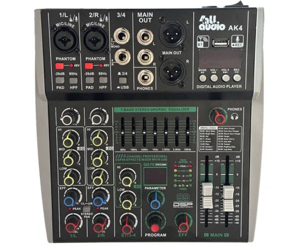 4all Audio AK4 мікшерний пульт, 2 моно+1 стерео, USB програвач, Bluetooth, DSP, фантомне живлення
