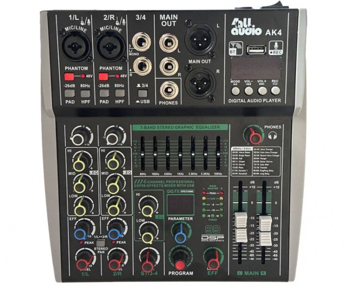 4all Audio AK4 микшерный пульт, 2 моно+1 стерео, USB-проигрыватель, Bluetooth, DSP, фантомное питание