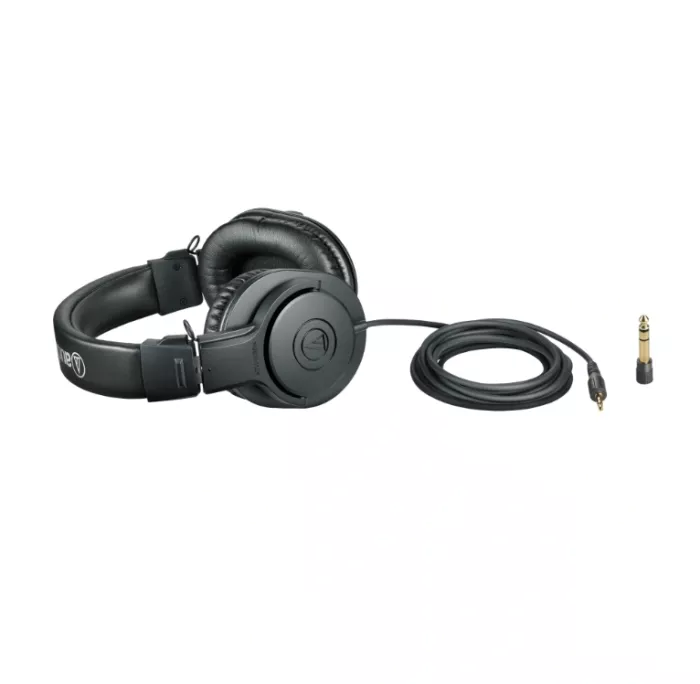 Audio-Technica ATH-M20X студійні моніторні навушники закритого типу; Поворотна на 15 градусів конструкція чашок; В комплекті кабель та 6,3 мм. адаптер-джек; Вага: 190 г.
